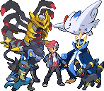 gen 4 sprite of the platinum male protagonist alongside an empoleon, umbreon, lucario, origin-forme giratina, luxray, and togekiss